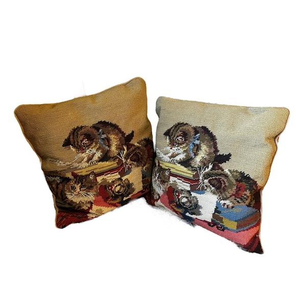 Set Of 2 Kittens Cat Tapestry Pillows 12x13” Decorative Needlepoint Vintage - Picture 2 of 11